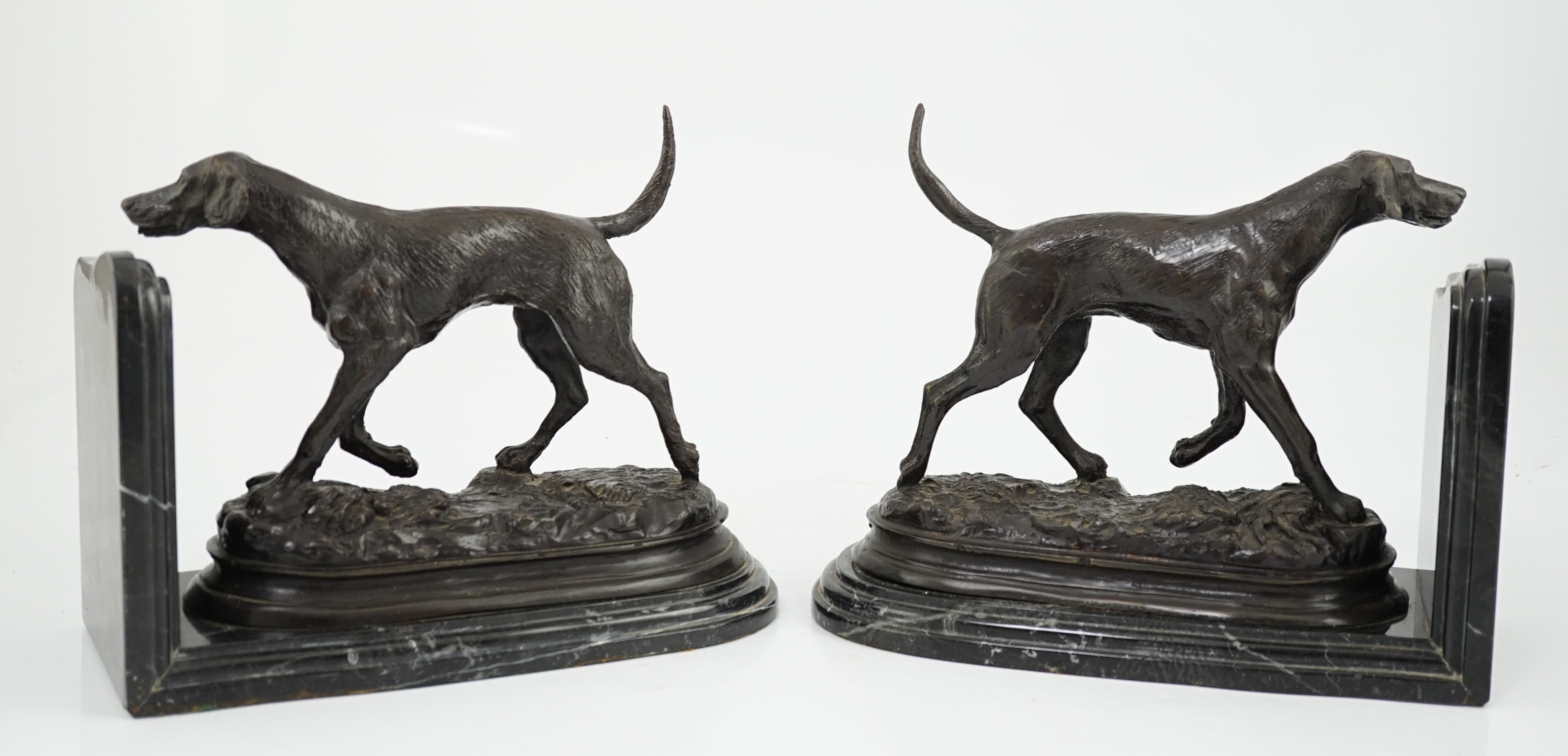 After Pierre-Jules Mêne (1810-1879), a pair of bronze models of hunting hounds